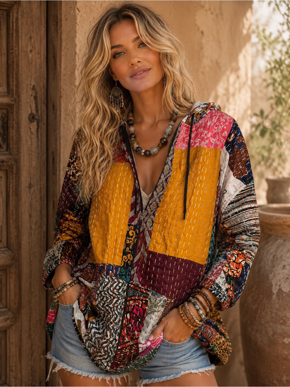Raj XL Multicolor Patchwork Kantha Hoodie with Teal, Orange & Burgundy Accents